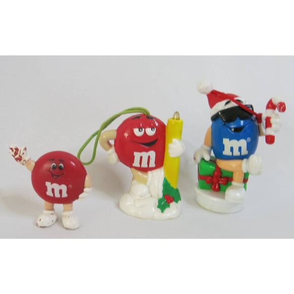 Vintage M&M'S CHRISTMAS Ornaments Red Blue Collectible Decor Set of 3 1990 Candy - Picture 1 of 13